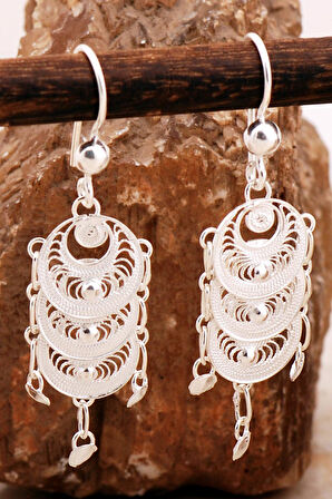 Telkari İşlemeli Elişi Büyük Boy Pullu Gümüş Küpe 6998