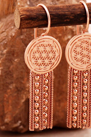 Yaşam Çiçeği Motifli Elişi Hasır Rose Gümüş Küpe 7005