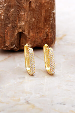 Tamtur Taşlı Altın Kaplama Dikdörtgen Gümüş Küpe 7012