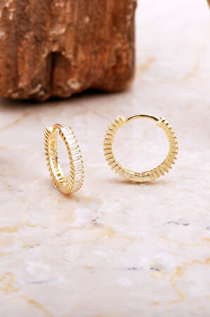 18 Mm Baget Taşlı Altın Kaplama Gümüş Halka Küpe 7031