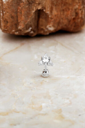 Üçgen Taşlı Rodyumlu Gümüş Tragus Küpe 7080