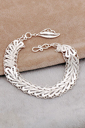 Midyat Telkari Sanatı İşlemeli Elişi Kalpli Gümüş Bileklik 4668