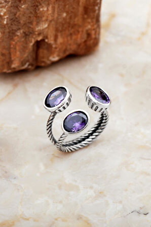 Ametist Taşlı El Sarması Üç Başlı Gümüş Yüzük 5822
