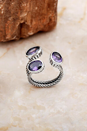 Ametist Taşlı El Sarması Üç Başlı Gümüş Yüzük 5822