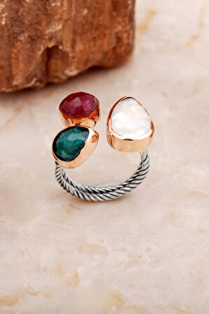 Üç Başlı İnci, Zümrüt ve Yakut Taşlı El Sarması Gümüş Yüzük 5825