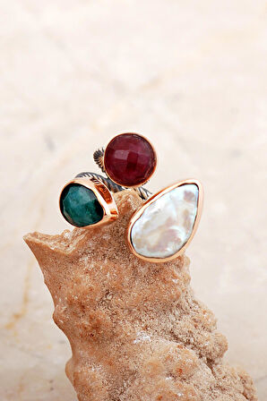 Üç Başlı İnci, Zümrüt ve Yakut Taşlı El Sarması Gümüş Yüzük 5825