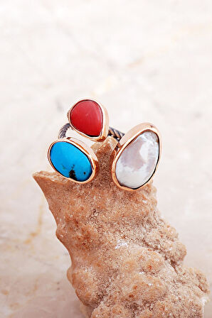 Üç Başlı İnci, Turkuaz ve Mercan Taşlı El Sarması Gümüş Yüzük 5828