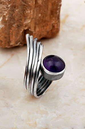 Ametist Taşlı Tasarım Kanat Modeli Elişi Gümüş Yüzük 5833