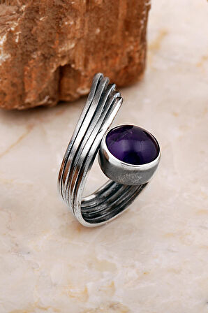 Ametist Taşlı Tasarım Kanat Modeli Elişi Gümüş Yüzük 5833