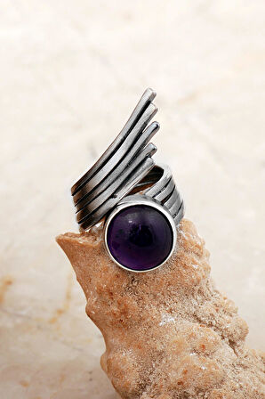 Ametist Taşlı Tasarım Kanat Modeli Elişi Gümüş Yüzük 5833