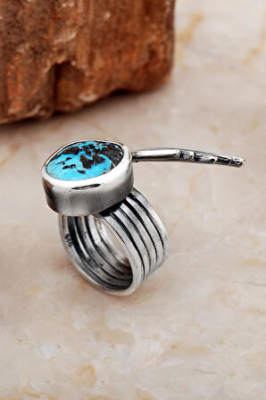 Turkuaz Taşlı Tasarım Kanat Modeli Elişi Gümüş Yüzük 5834