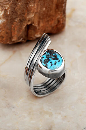 Turkuaz Taşlı Tasarım Kanat Modeli Elişi Gümüş Yüzük 5834