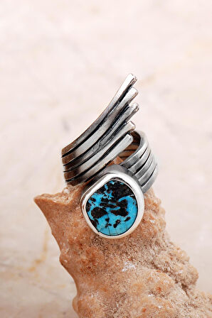 Turkuaz Taşlı Tasarım Kanat Modeli Elişi Gümüş Yüzük 5834