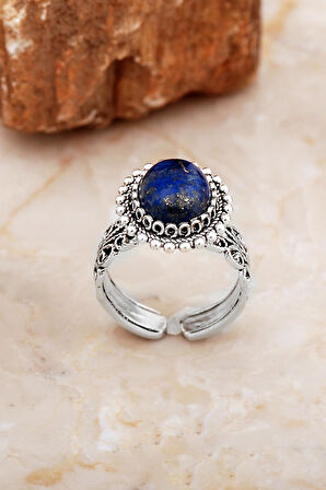 Lapis Lazuli Taşlı Telkari Elişi Oval Gümüş Yüzük 5836
