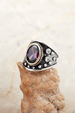 Ametist Taşlı Çekiç Dövme Elişi Tasarım Gümüş Yüzük 5840