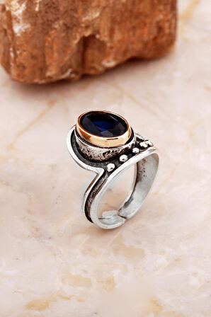 Safir Taşlı Çekiç Dövme Elişi Tasarım Gümüş Yüzük 5843