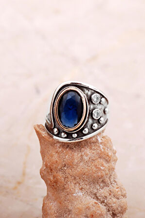 Safir Taşlı Çekiç Dövme Elişi Tasarım Gümüş Yüzük 5843