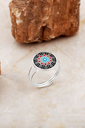 Anadolu Motifli Mineli Elişi Gümüş Yüzük 5886