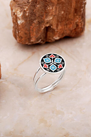 Anadolu Motifli Mineli Elişi Gümüş Yüzük 5888