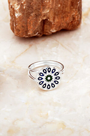 Anadolu Motifli Mineli Elişi Gümüş Yüzük 5891