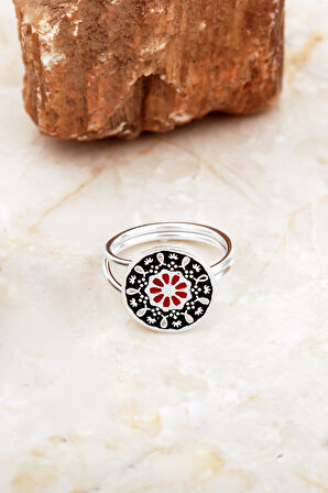 Anadolu Motifli Mineli Elişi Gümüş Çiçek Yüzük 5896