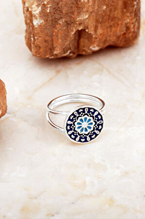Anadolu Motifli Mineli Elişi Gümüş Çiçek Yüzük 5897