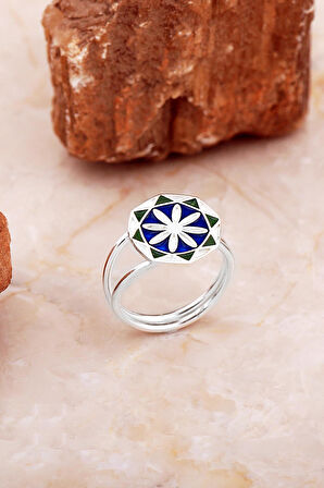 Anadolu Motifli Elişi Mineli Gümüş Çiçek Yüzük 3762