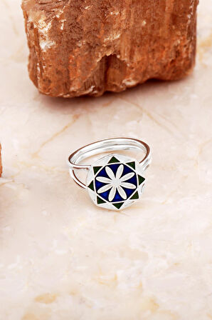 Anadolu Motifli Elişi Mineli Gümüş Çiçek Yüzük 3762