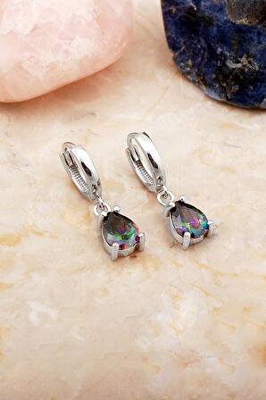 Mistik Topaz Taşlı Damla Rodyumlu Gümüş Küpe 7098