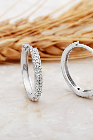 20 Mm Rodyumlu Taşlı Büyük Boy Gümüş Halka Küpe 7118