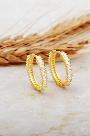 22 Mm Baget Taşlı Büyük Boy Altın Kaplama Gümüş Halka Küpe 7121