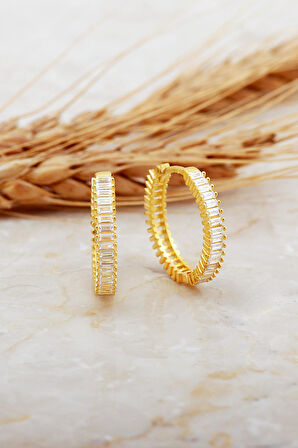 22 Mm Baget Taşlı Büyük Boy Altın Kaplama Gümüş Halka Küpe 7121