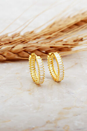 17 Mm Baget Taşlı Orta Boy Altın Kaplama Gümüş Halka Küpe 7122