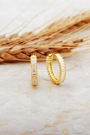 17 Mm Baget Taşlı Orta Boy Altın Kaplama Gümüş Halka Küpe 7122