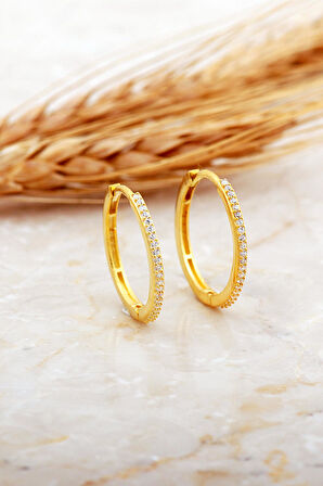 22 Mm Taşlı Altın Kaplama Gümüş Halka Küpe 7137