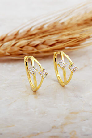 Baget Taşlı Tasarım Altın Kaplama Gümüş Halka Küpe 7157