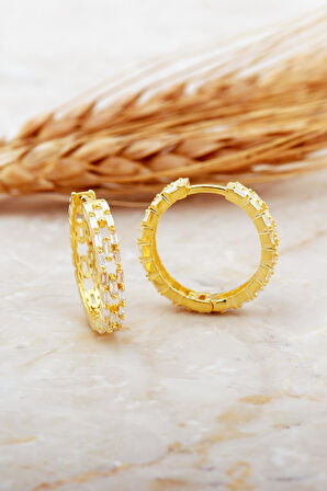 21 Mm Tasarım Baget Taşlı Altın Kaplama Gümüş Halka Küpe 7169