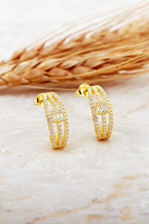 Baget Taşlı Tasarım Altın Kaplama Gümüş Küpe 7171