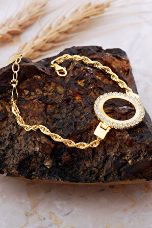 Çeyrek Çerçeveli Taşlı Halat Zincir Altın Kaplama Gümüş Bileklik 4723