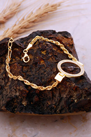 Çeyrek Çerçeveli Taşlı Halat Zincir Altın Kaplama Gümüş Bileklik 4724