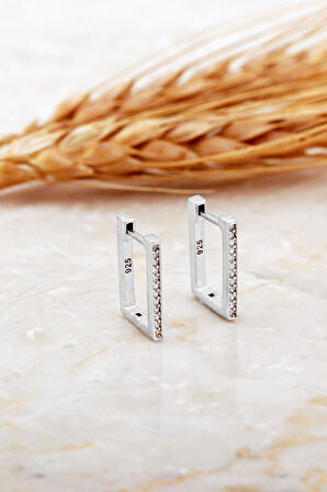 Dikdörtgen Taşlı Rodyumlu Minimal Gümüş Küpe 7177