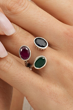 Renkli Taşlı El Sarması Üç Başlı Gümüş Yüzük 5945