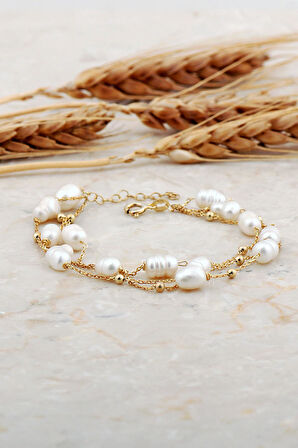 İnci Altın Kaplama Üç Sıra Gümüş Bileklik 4739