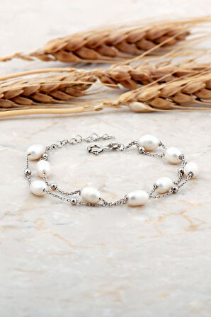 İnci Rodyumlu İki Sıra Gümüş Bileklik 4740