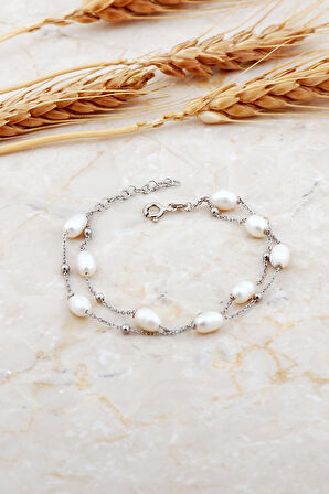 İnci Rodyumlu İki Sıra Gümüş Bileklik 4740