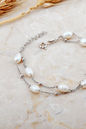 İnci Rodyumlu İki Sıra Gümüş Bileklik 4740