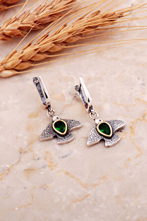 Kök Zümrüt Taşlı Martı Çekiç Dövme Elişi Gümüş Küpe 7216