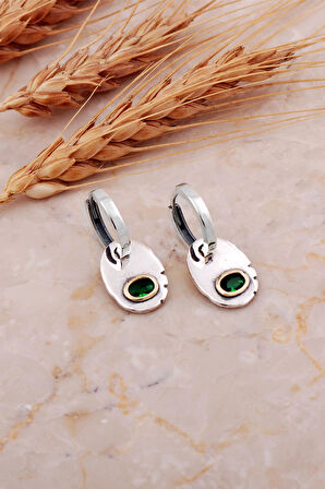 Kök Zümrüt Taşlı Plaka Elişi Gümüş Halka Küpe 7241