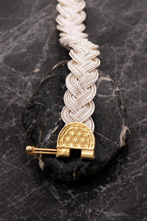 Midyat Hasırı Altın Kaplama Yaşam Çiçeği Örgü Gümüş Bileklik 4754