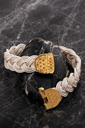 Midyat Hasırı Altın Kaplama Yaşam Çiçeği Örgü Gümüş Bileklik 4754